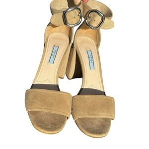 PRADA Ankle Strap Sandals Beige Suede Chunky Heels